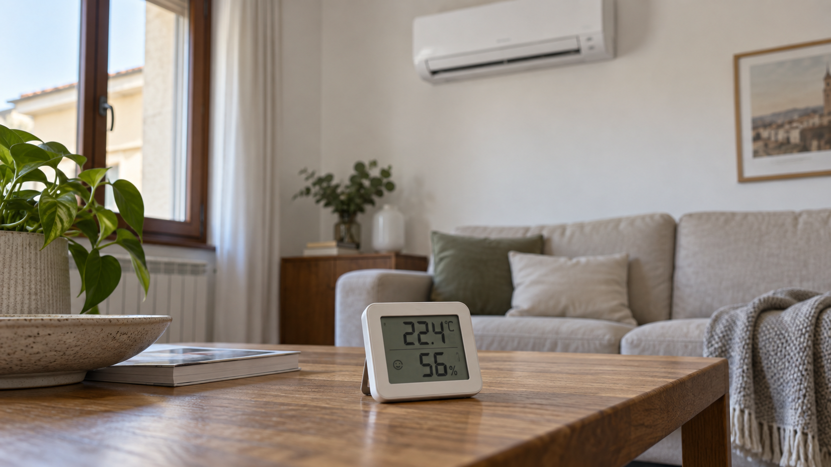 Termoigrometro su un tavolo in soggiorno con climatizzatore a parete sullo sfondo