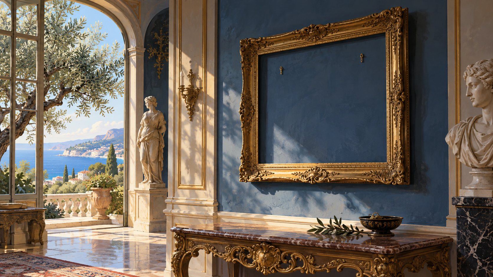 Cornice vuota in una villa mediterranea con ulivi oltre la finestra, illustrazione concettuale