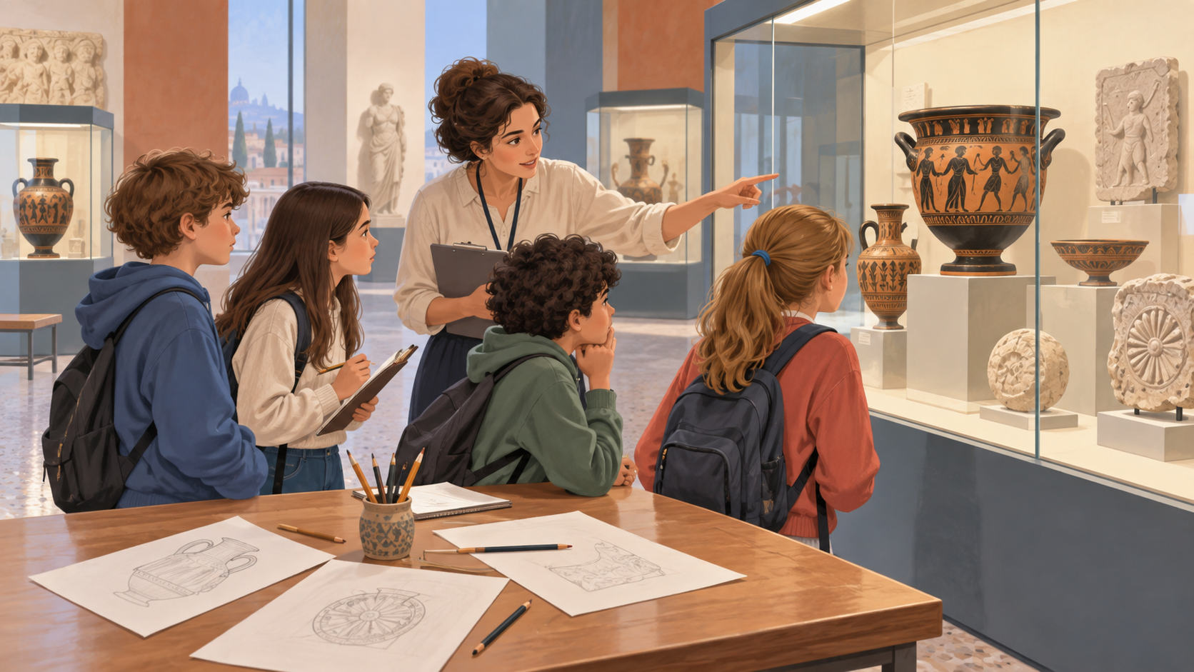 Illustrazione di studenti e un’educatrice che osservano reperti e materiali didattici in un museo