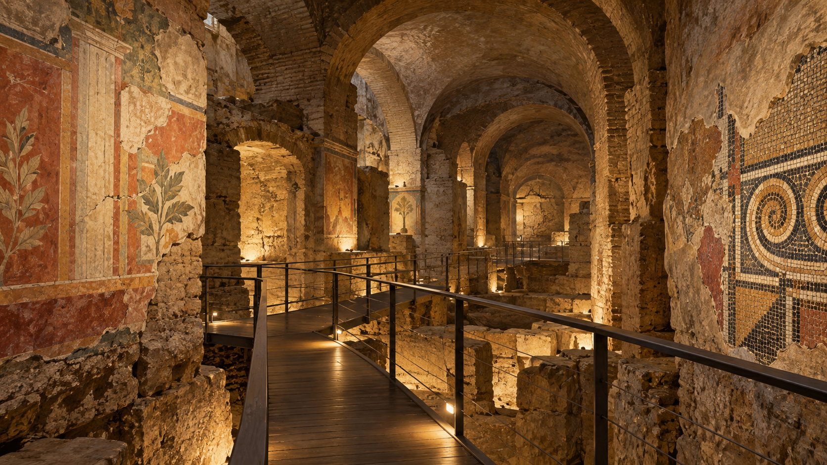 Illustrazione di una galleria archeologica romana con passerella e frammenti di decorazioni sulle pareti