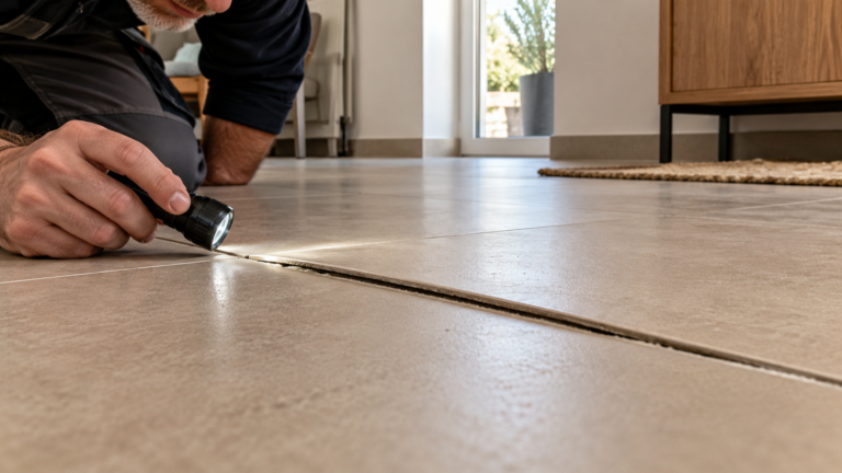 Tecnico osserva con una torcia il bordo leggermente sollevato di una piastrella beige in un pavimento domestico