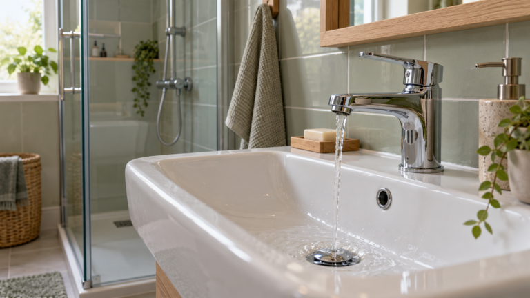 Lavabo di un bagno con un filo d’acqua dal rubinetto e doccia sullo sfondo